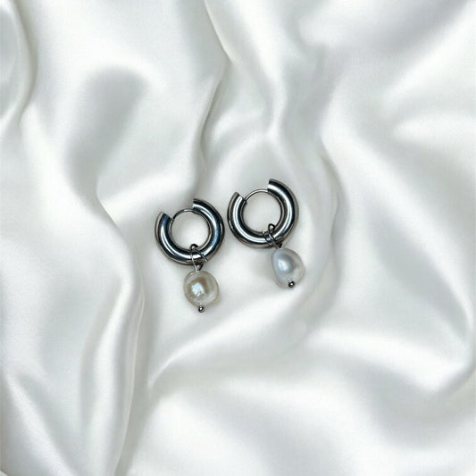 SILVER PEARL HOOPS