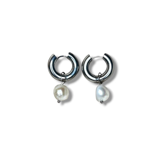SILVER PEARL HOOPS