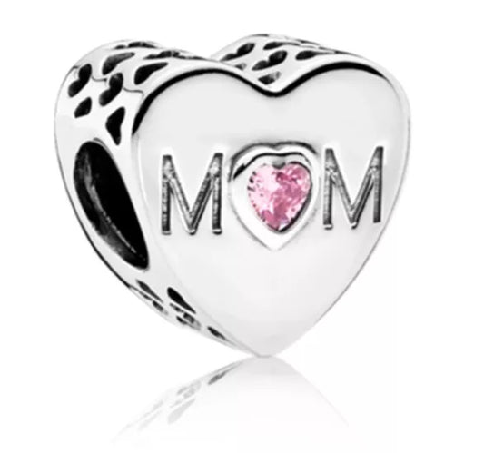 Mum Silver Heart Pink Gem Stone