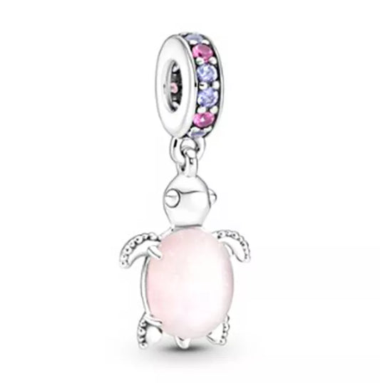 SEA TURTLE DANGLE CHARM FROSTED PINK SILVER