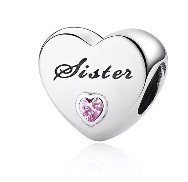 Sister Silver Heart Pink Gem Stone