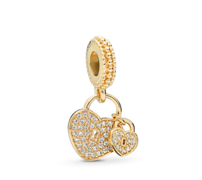 TWIN PADLOCKED GOLD HEARTS DANGLE CHARM